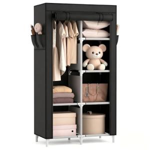 ROJASOP Portable Closet Wardrobe Closet for Hanging Clothes with 6 Storage Shelves, 1 Hanging Rod and 4 Pockets, Free Standing Closet Clothes Organizer for Bedroom, Sturdy and Easy Assemble