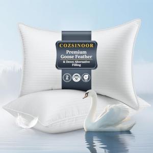 COZSINOOR Goose Feather Pillows Queen Size - Pack of 2, Hotel Down Bed Pillow for Sleeping, Soft 600 TC Cotton Cover, Fluffy Support Surround Fill Down Alternative for Back, Stomach, Side Sleepers