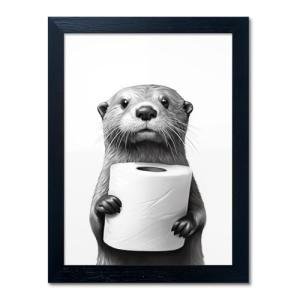 Bathroom Picture Wall Decor, Framed Black and White Bathroom Wall Art, Toilet Paper in Little Funny Raccoon's Hand Animal Canvas Print Painting