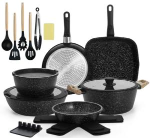 BECIGAR 23pcs Ceramic Pots and Pans Set, Nonstick Detachable Handle Cookware, Induction Kitchen Cooking Set with Removable Handle,include Frying Pans & Saucepans Oven Safe (Black)