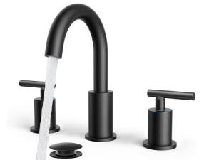 FORIOUS Bathroom Faucets 3 Hole, Matte Black Bathroom Sink Faucet 3 Hole Vanity with 360° Swivel Spout, Suitable for 8 Inch Widespread Sink with Metal Pop-up Drain and cUPC Supply Line, Commercial