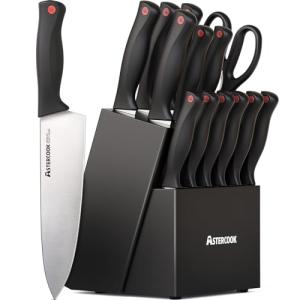 Astercook Knife Set, 15 Pieces Kitchen knives Set with Built-in Sharpener, High Carbon German Stainless Steel Chef Knife Block Sets, Sharp & Rust Resistant Dishwasher Safe, Black
