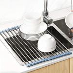 MECHEER Over The Sink Dish Drying Rack, Roll Up Dish Drying Rack Kitchen Dish Rack Stainless Steel Sink Drying Rack, Foldable Dish Drainer, Gray