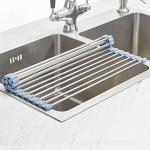 MECHEER Over The Sink Dish Drying Rack, Roll Up Dish Drying Rack Kitchen Dish Rack Stainless Steel Sink Drying Rack, Foldable Dish Drainer, Gray