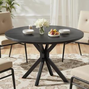 47" Solid Wood Round Dining Table, Mid Century Modern Round Dining Table for 4-6 Person, Steel Legs, Leisure Coffee Table for Kitchen Dining Room