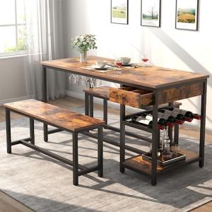 Auromie Dining Table Set for 4-6 People, 54.7" Kitchen Dinner Table with 2 Bench, Dining Room Tables Set with Storage Drawer & Shelf, 3-Piece Breakfast Nook Tables with Wine Rack &Glass Holder (Brown)