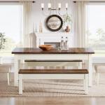Tribesigns Farmhouse Kitchen Table Set for 4-6, 55-Inch Wooden Dining Table with 2 Benches, Space Saving 3 Pieces Heavy Duty Dinette for Dining Room, Kitchen, Small Space