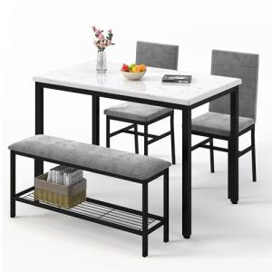 YOFE Dining Table Set for 4,Faux Marble Kitchen Table,Kitchen Table Chairs Set with Velvet Chairs,Bench with Storage Net for Dining Room,Small Apartment (Gray 1+3)