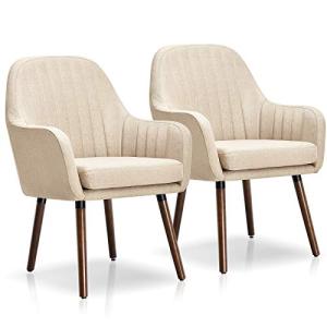 Giantex Set of 2 Fabric Dining Chairs, Accent Upholstered Arm Chair w/Wood Legs, Thick Sponge Seat, Non-Slipping Pad, Modern Leisure Chair for Dining Room, Living Room, Bedroom (2, Beige)