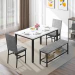 YOFE Dining Table Set for 4,Faux Marble Kitchen Table,Kitchen Table Chairs Set with Velvet Chairs,Bench with Storage Net for Dining Room,Small Apartment (Gray 1+3)