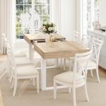 Zevemomo 63"-78.7" Expandable Dining Table, 6-10 Farmhouse Kitchen Table, Extendable Dining Table, Rectangular Kitchen Table with Metal Track, Tapered U-Shaped Legs for Dining Room, Office-Oak