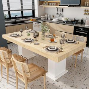 Homsee Large 78.7" L Dining Table for 8-10 People, Modern Wood Rectangular Kitchen Table Dinner Table with Pedestal Legs for Dining Room, White and Light Brown