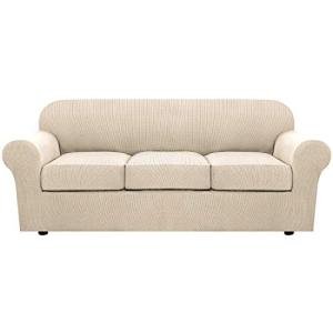 H.VERSAILTEX 4 Piece Stretch Couch Covers for 3 Cushion Couch Sofa Furniture Slipcovers Feature Upgraded Thicker Jacquard Fabric (Sofa, Natural)