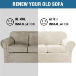 H.VERSAILTEX Modern Velvet Plush 4 Piece High Stretch Sofa Slipcover Furniture Protector Form Fit Luxury Thick Sofa Cover for 3 Cushion Couch, Machine Washable Width Up to 90 Inch(Sofa,Ivory)
