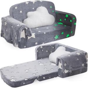 Foryoomi Extra Wide Kids Couch, 2-in-1 Soft Toddler Couch with Blanket, Glow in The Dark, Comfy Toddler Chair with Cloud Pillow, Convertible Sofa to Lounger, Star