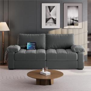 Yaheetech 79" Velvet Couch, Comfy Sofa with Pocket Coils, Deep Seat, Storage Pockets and USB Ports, 2 Seater Modern Loveseat Sofas with Removable Cover, Pillow Top Arms for Living Room Apartment Gray