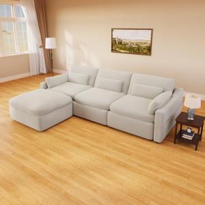 ISHUHL Cloud Modular Sectional Sofa, 95" Oversized Sectional Couches for Living Room, Convertible Deep Seat Sofa Set, Corduroy L Shaped Couch with 1 Ottoman (Beige)