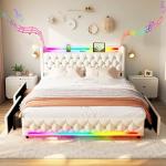 Beige LED Queen Bed Frame with Bluetooth Speakers