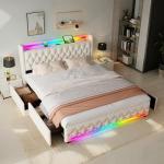 Beige LED Queen Bed Frame with Bluetooth Speakers