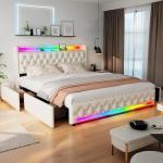 Beige LED Queen Bed Frame with Bluetooth Speakers