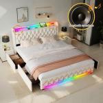 Beige LED Queen Bed Frame with Bluetooth Speakers
