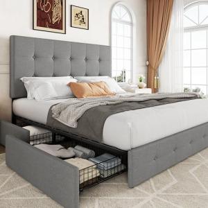Queen Upholstered Platform Bed Frame with Storage Drawers