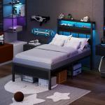 Twin Bed Frame with Charging Station and LED Lights