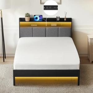 Twin Bed Frame with LED Headboard and Storage