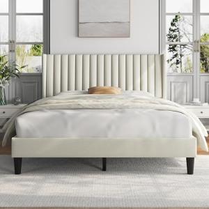 Beige Upholstered Queen Bed Frame with Headboard