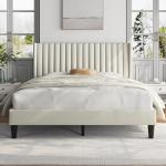 Beige Upholstered Queen Bed Frame with Headboard
