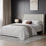 Beige Upholstered Queen Bed Frame with Headboard