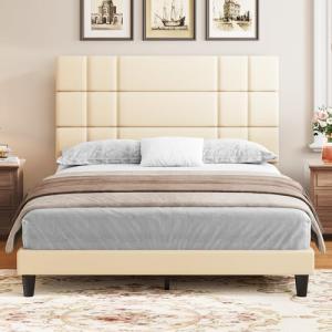 Queen Upholstered Bed Frame with Wooden Slats