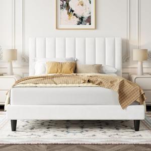 Allewie Velvet Upholstered Full Bed Frame in White