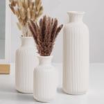 BOXJINCO White Ceramic Vase Set of 3,Modern Vase Ribbed Design,Minimalist Decor Flower Vase for Table,Shelf,Farmhouse Vase for Decor（Vertical Ribbed Vase）