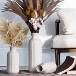 BOXJINCO White Ceramic Vase Set of 3,Modern Vase Ribbed Design,Minimalist Decor Flower Vase for Table,Shelf,Farmhouse Vase for Decor（Vertical Ribbed Vase）