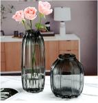 Black Grey Glass Vase for Flowers,Dark Grey Bud Tall Glass Vases,H-8.0" Simple Striped Design for Home Floor Decor,Farmhouse Decor, Centerpiece Coffee Table Decorations