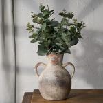 SIDUCAL Rustic Ceramic Farmhouse Flower Vase with 2 Handles, Whitewashed Terra Cotta Vase, Decorative Pottery Flower for Home Decor, Table, Living Room, Shelf Decor, 7.3 Inch, Terra