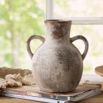 SIDUCAL Rustic Ceramic Farmhouse Flower Vase with 2 Handles, Whitewashed Terra Cotta Vase, Decorative Pottery Flower for Home Decor, Table, Living Room, Shelf Decor, 7.3 Inch, Terra