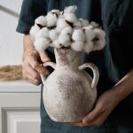 SIDUCAL Rustic Ceramic Farmhouse Flower Vase with 2 Handles, Whitewashed Terra Cotta Vase, Decorative Pottery Flower for Home Decor, Table, Living Room, Shelf Decor, 7.3 Inch, Terra