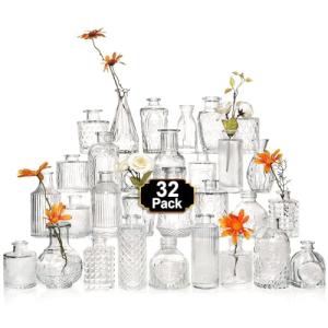 Arme Glass Bud Vase Set of 32 Pcs，Small Glass Vases for Flowers，Clear Bud Vases in Bulk，Vintage Vases for Centerpieces，Small Glass Bud Vase for Rustic Wedding Decorations，Home Table Flower Décor
