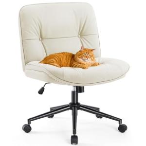 Sweetcrispy Criss Cross Armless Office Chair - PU Leather Adjustable Swivel Wide Seat with Thick Padding, Ergonomic Rolling Computer Desk Task Chair for Modern Vanity & Makeup with Wheels