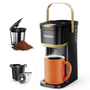 Tastyle Single Serve One Cup Coffee Maker, for K Cups and Grounds, Mini Coffee Maker with Portable Handle, 6 to 12 Oz Brew Size, for Travel, Camping, Office, RV and Dorm, 120V, Black and Gold