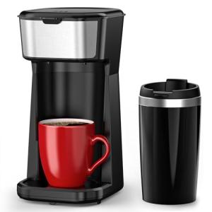 Personal Single Serve Coffee Maker - Quick Brew with Grounds and Tea Bags (Not Compatible with K-Cups), Includes 14oz Travel Mug, One-Touch Operation