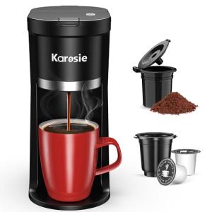 Karosie Slim Single Serve Coffee Maker, Fast Brew for K-Cup & Ground Coffee Small One Cup Coffee Maker, 6-12 Oz Brew Sizes, Coffee Machine with Descaling Reminder and Water Window,Black