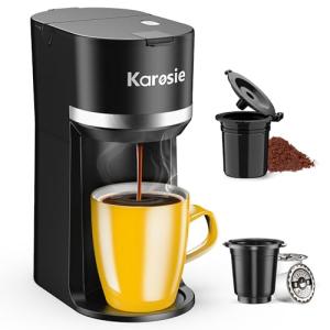 Karosie Single Serve Coffee Maker for K-Cup and Ground Coffee, Fast Brew, 6-12 oz Brew Sizes One Cup Coffee Machine Fits 5.5" Mugs, One-Button Small Coffee Maker with Descaling Reminder,Black