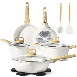 GiPP Pots and Pans Set Non Stick - 14 Pcs White Granite Kitchen Cookware Sets Nonstick Induction Cookware Cooking Pan Set with Frying Pans, Saucepans and Silicone Utensils, PFOS & PFOA Free