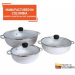 IMUSA 3 Piece Caldero Set with Tempered Glass Lid 1.5/2.5/5.2Qt, Aluminum, Silver