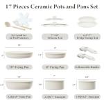 Bazova Ceramic Nonstick Cookware Set, Healthy,Non Toxic,17-Pieces Pots and Pans Set Removable Handles,Induction RV Kitchen Set,Stain & Scratch-resistant,Dishwasher/Oven Safe,PFAS/PFOA Free,Cream White