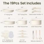 Chef Power Ceramic Cookware Set Non Toxic with Detachable Handles, Healthy Nonstick Pans and Pots Set 19 Pcs, Induction Dishwasher Oven Safe Kitchen Set, PFAS PFOA & PTFE Free, Cream White