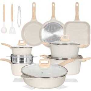 Romswi 23pcs Pots and Pans Set Non Stick, Kitchen Cookware Set with Casserole, Frying & Saucepans, Oven Safe & Stovetop Agnostic (Gas, Electric & Induction) - White